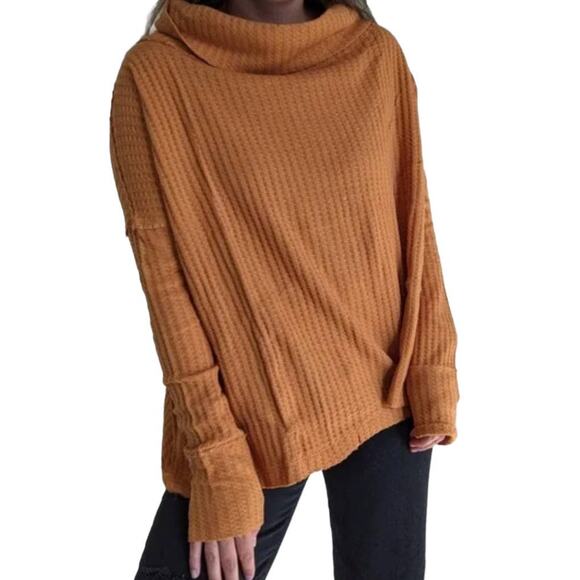 Free People Top Womens Small Yellow Juicy Long Sleeve Cowl Neck Waffle Knit - Picture 12 of 12